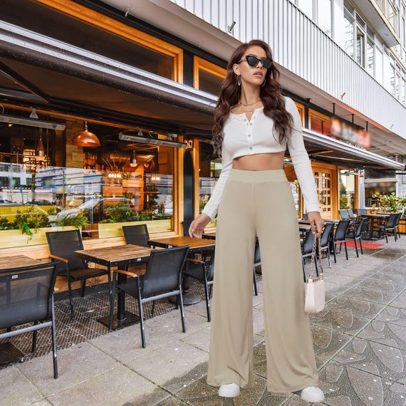 Wide Leg High Waisted Neutral Lounge Pants Elegant Knit Comfortable Travel Trousers The Harbor Edit