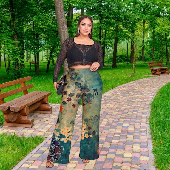Floral Wide Leg Pants Women Botanical Palazzo Plus Size Trousers