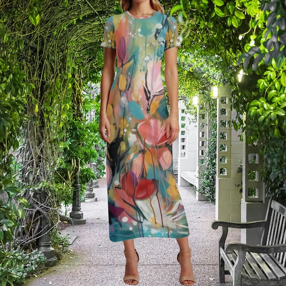 Watercolor Floral Maxi Dress Artistic Botanical Outfit Gift for Her
