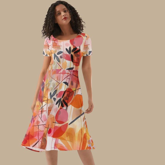 Spring Floral Midi Dress for Women Modern Abstract Print A-Line
