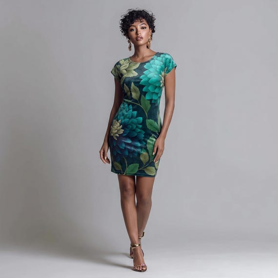 Midnight Dahlia T Shirt Dress | Teal Botanical Wearable Art Fashion
