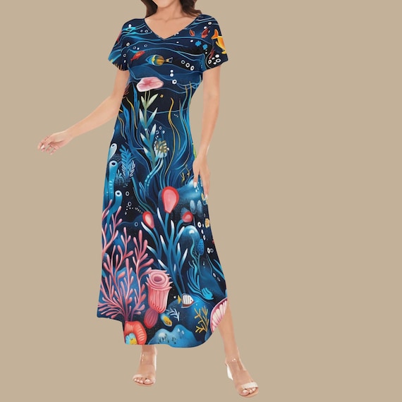 Ocean Print Maxi Dress for Women – Deep Sea Coral V Neck Backless Dress, Underwater Botanical Art Dress, Beach Vacation Maxi XS–4XL