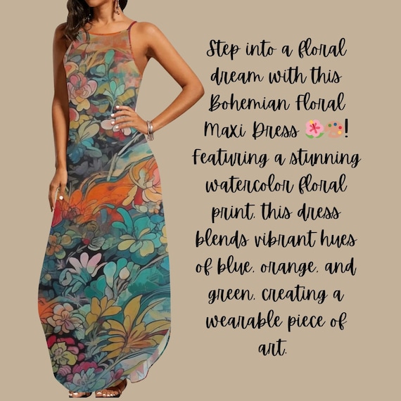 Boho Maxi Dress With Multicolor Floral Garden Print Teal Orange And Yellow Tones