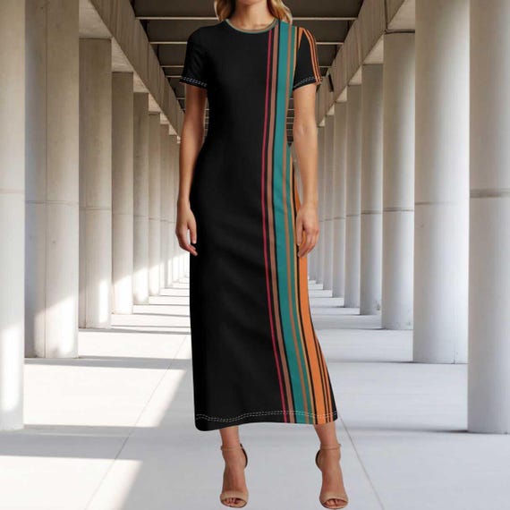 Retro Stripe Maxi Dress  Modern Color Block Teal Orange Black Stripe  Artistic Minimalist Maxi Resort Style Dress The Harbor Edit XS-4XL