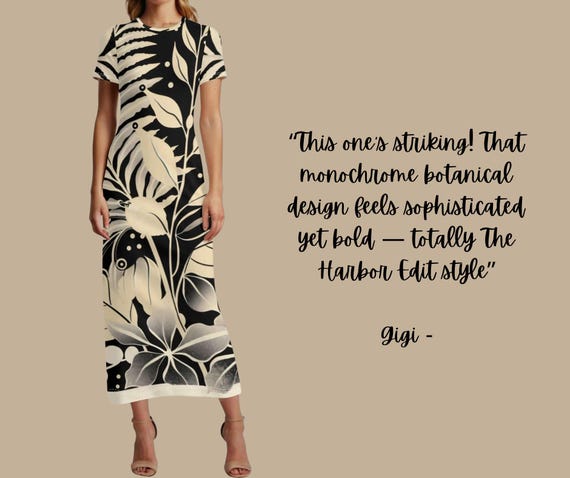 Botanical Neutral Maxi | Modern Black & Cream Style  Minimalist T-Shirt Silhouette Effortless Resort Wear Chic