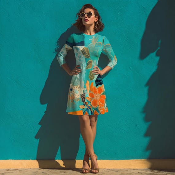 Azure Bloom Fit & Flare Dress: Long Sleeve Teal Floral Pockets ITY Knit