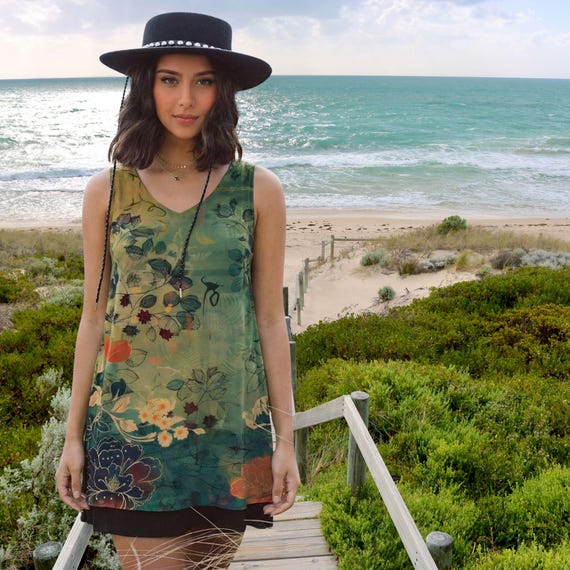 The Verdant Duality Dress  Reversible Green Floral Dress & Black