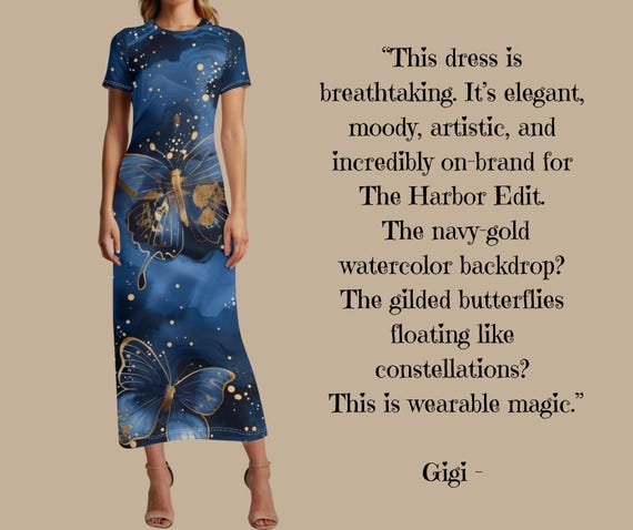 Midnight Butterfly Maxi Navy & Gold Watercolor Style Elegant Celestial Art Dress Luxe Statement Piece