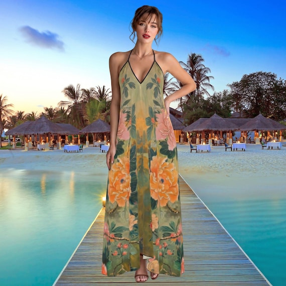 Floral Silk Halter Maxi Dress Romantic Open Back Garden Luxury Elegant