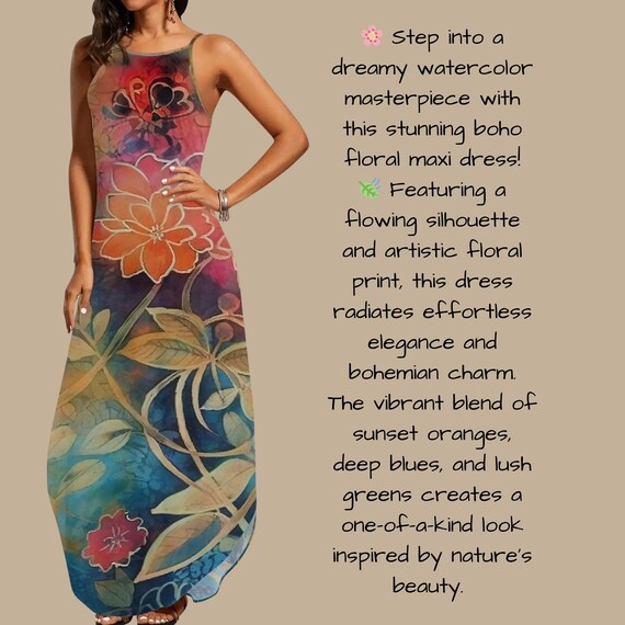 Boho Floral Maxi Dress Colorful Watercolor Print Spaghetti Strap Summer Sundress Artistic Beach
