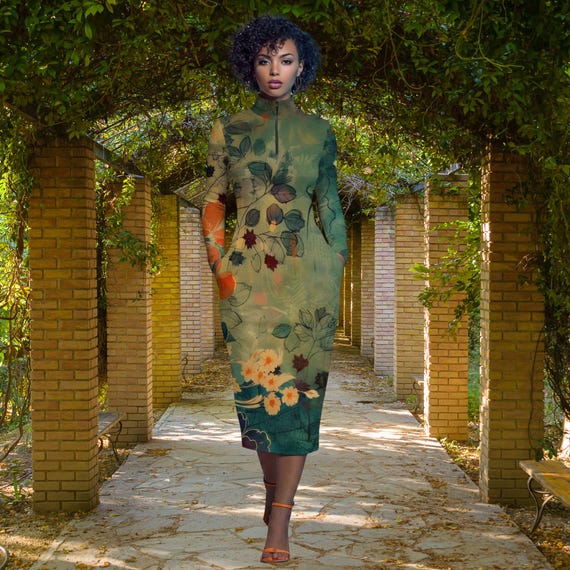 The Verdant Poise Dress Green Floral Fitted Knit Midi with Zip Collar Elegant Long Sleeve Bodycon Wearable Art