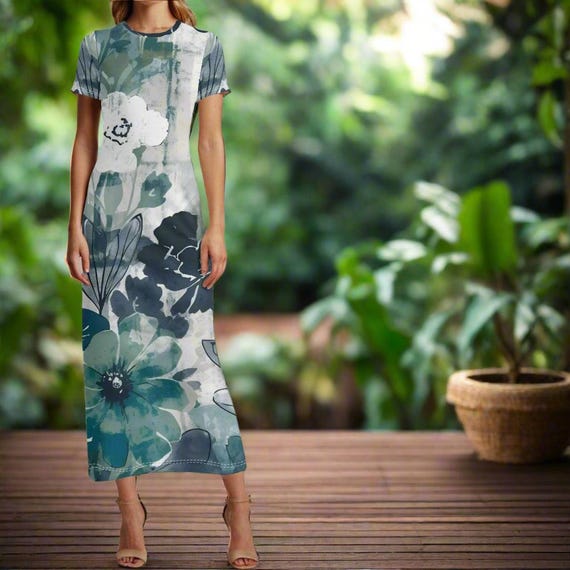 Blue and White Floral Maxi Dress Short Sleeve Watercolor Print