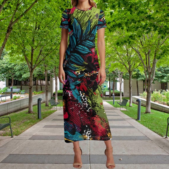 Abstract Botanical Maxi Dress Colorful Art Outfit