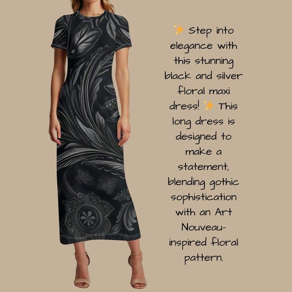 Midnight Whisper Maxi Dress – Black & Charcoal Gray Floral Print Short Sleeve Dress