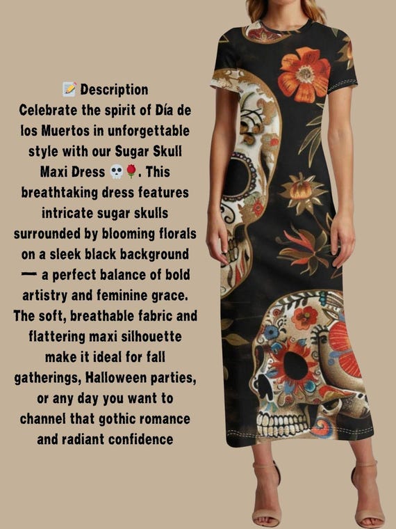 Floral Sugar Skull Maxi Dress – Día de Los Muertos Black T-Shirt Dress