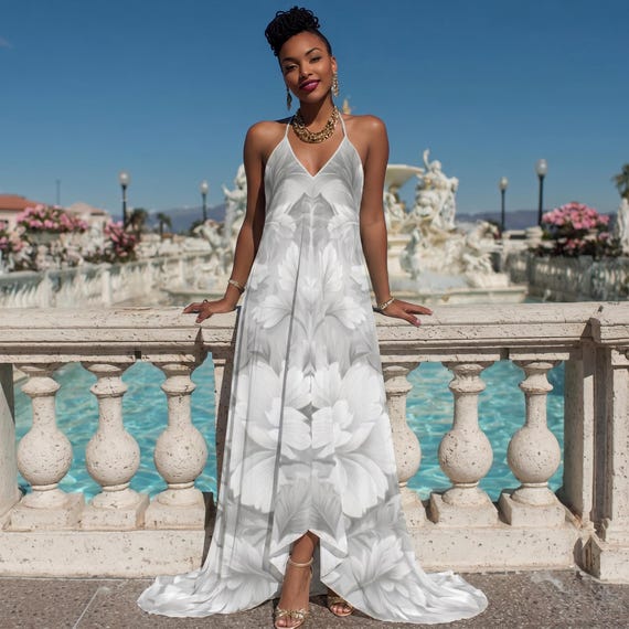 Moonlit Garden Halter Gown With Train | Ivory Floral Silk Satin