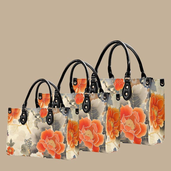 Orange Peony Floral PU Leather Tote Bag