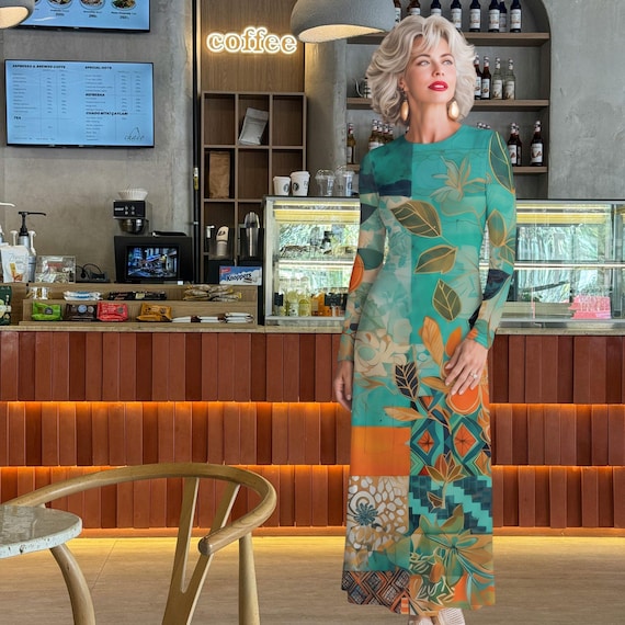 Azul Veil Mesh Maxi Dress: Sheer Long Sleeve Teal Floral Elegant Flowy