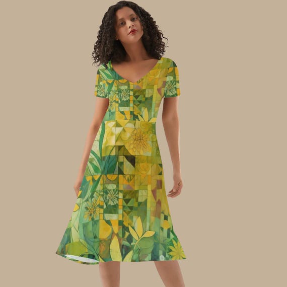 Green and Yellow Floral V Neck Midi Dress for Women – Spring Botanical A Line Dress, Short Sleeve Garden Dress, Artistic Modern Print XS–4XL