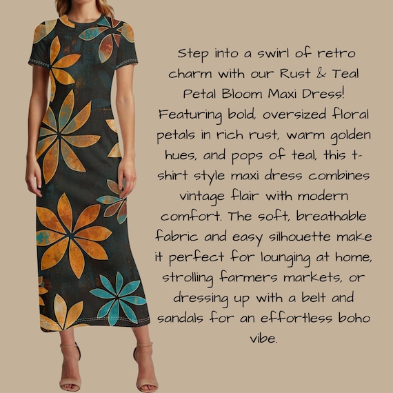 Groovy Retro Black Maxi Dress With Oversized Orange and Teal Floral Prints