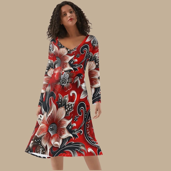 Red and Black Floral Midi Dress Long Sleeve V-Neck Bold Statement Outfit