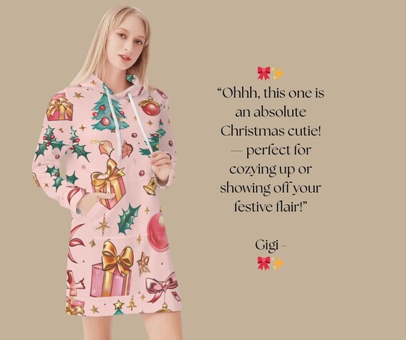 Pink Holiday Cheer Hoodie Dress Cozy Christmas Sweatshirt Dress with Gifts Holly & Ornaments Winter