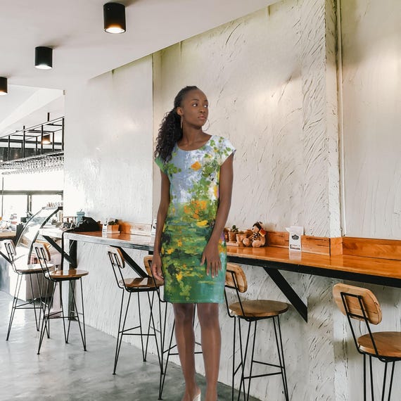 Verdant Reflection T-Shirt Dress  Impressionist Botanical Midi Dress