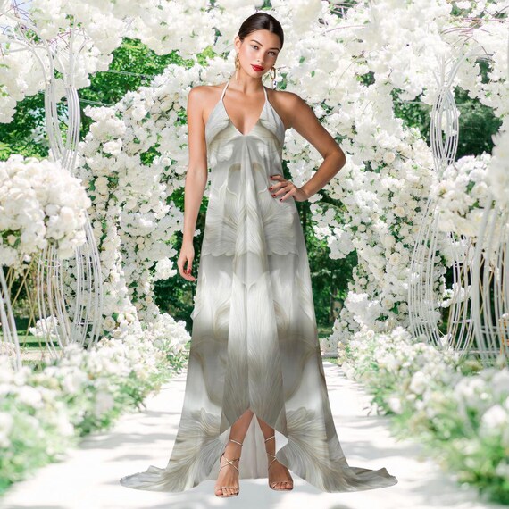 Ivory Reverie Silk Halter Maxi Dress With Train Open Back Occasion Wear