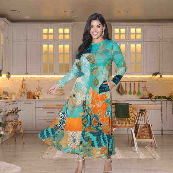 Azul Bloom Liliana Maxi: Long Sleeve Teal Floral Pockets ITY Knit