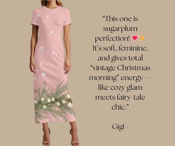 Blush Pink Christmas Maxi Dress Soft Winter Lights Holiday  Elegant Snowfall Print T-Shirt Maxi