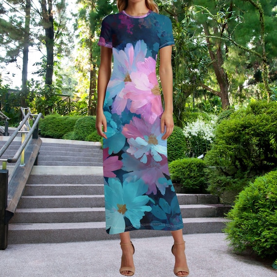 Twilight Floral Maxi Dress – Teal Pink Botanical Dress | Painterly Flower Dress | Elegant Artistic Floral Dress | The Harbor Edit XS-4XL