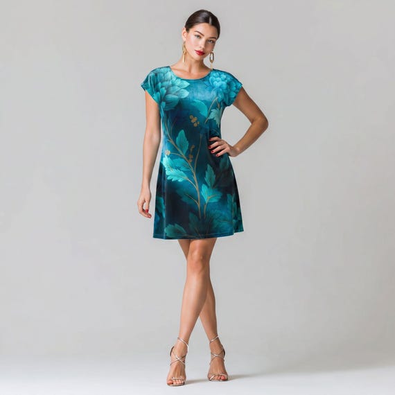 Nocturne Bloom Botanical Dress | Teal Wearable Art T-Shirt Dress