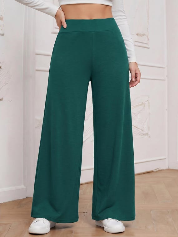 Botanical Teal High Waist Palazzo Pants: Wide Leg, Flowy, Elevated Everyday Chic