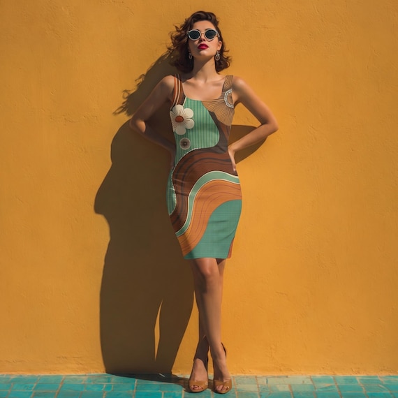 Retro Bodycon Sleeveless Midi Dress Abstract Fitted Modern Artistic Boutique Style Outfit The Harbor Edit