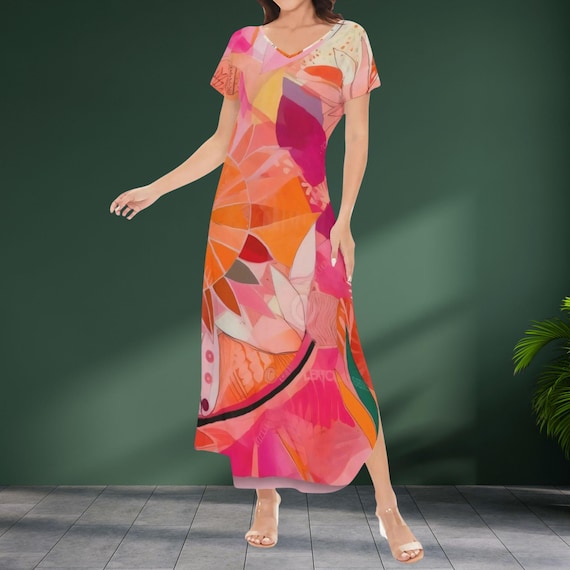 Sunset Floral Maxi Dress: Artistic Pink Orange Summer V-Neck Wearable Art