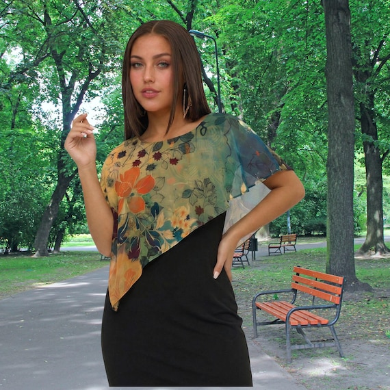 The Verdant Eclipse Dress Black Asymmetrical Cocktail Dress Sheer Overlay Floral Art