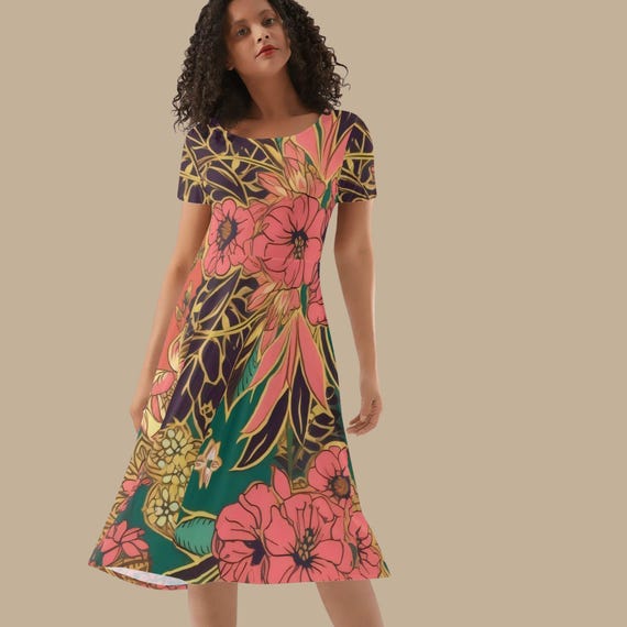 Emerald Green Floral Midi Dress for Women Coral Pink Botanical Art Knee Length Outfit