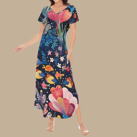 Colorful Ocean Maxi Dress for Women – Navy Under Sea V Neck Backless Dress, Coral Reef Fish Art Dress, Beach Vacation Maxi XS–8XL