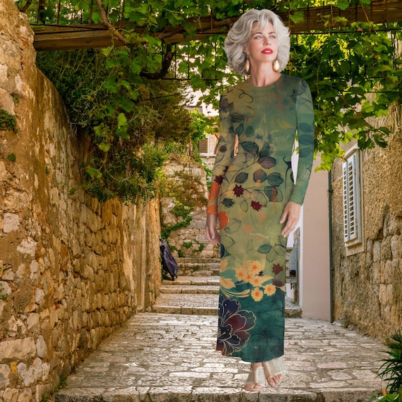 The Verdant Whisper Maxi Dress Green Botanical Mesh Maxi Dress, Sheer Sleeve Elegant Dress, Flowing Artistic Maxi Dress, Lightweight Luxury