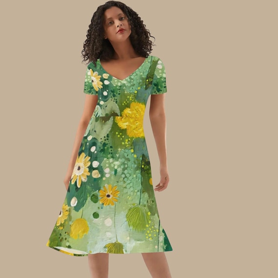 Spring Floral V-Neck Midi Dress Sunlit Meadow Green Botanical Summer Dress The Harbor Edit XS-4XL