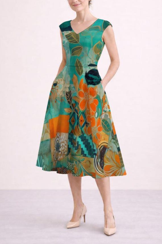 Riviera Garden Reverie Dress Teal Orange Floral Midi Elegant A-Line with Pockets Cap Sleeve V Neck