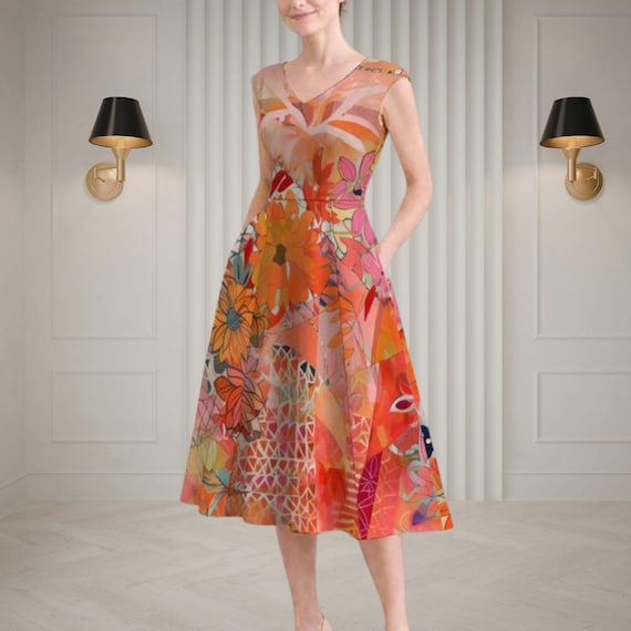 The Sunspell Garden Dress Orange Floral Midi V-Neck Fit and Flare Summer Occasion Elegant A-Line Vibrant Artistic Dress