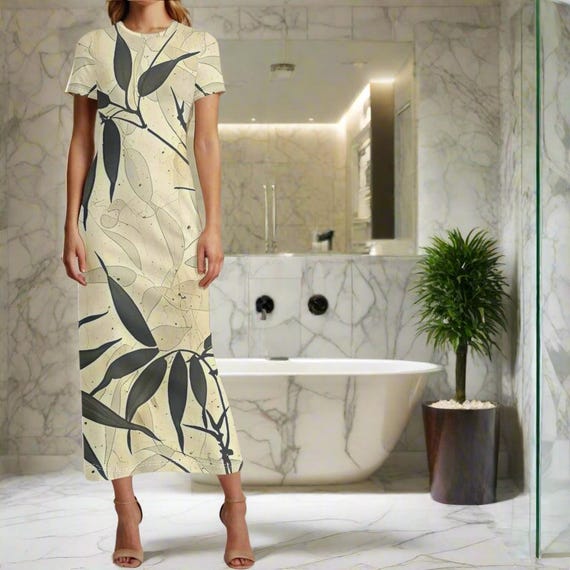 Elegant Beige Maxi Dress with Black Botanical Leaf Print Short Sleeve T-Shirt