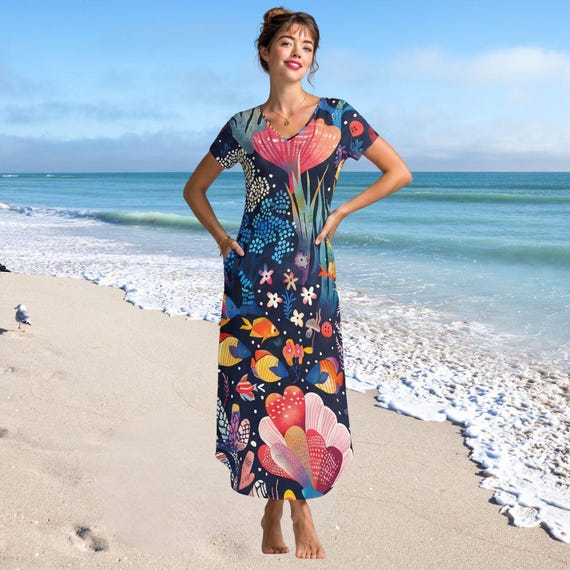 Colorful Ocean Maxi Dress for Women – Navy Under Sea V Neck Backless Dress, Coral Reef Fish Art Dress, Beach Vacation Maxi XS–8XL