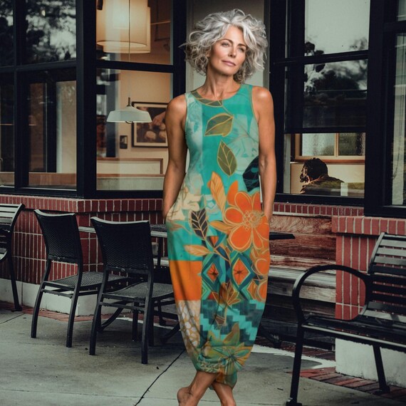 Azure Ease Maxi Dress: Sleeveless Relaxed Fit Teal Abstract Floral Jersey