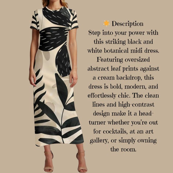 Monochrome Muse Maxi Dress – Black and Cream Abstract Leaf Print T-Shirt Dress