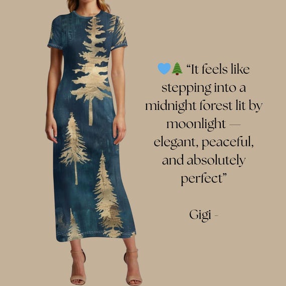 Golden Forest Glow Maxi Dress – Blue & Gold Pine Tree T-Shirt Dress Elegant Winter Outfit