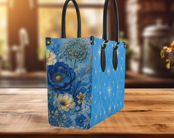Blue Floral Mini Tote Bag Gold Geometric Luxury Handbag Elegant Structured Purse