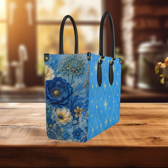 Blue Floral Mini Tote Bag Gold Geometric Luxury Handbag Elegant Structured Nappa Leather Purse