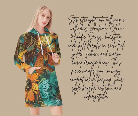 Autumn Bloom Hoodie Dress Teal & Golden Floral Streetwear Cozy Artistic Sweatshirt Dress Gift